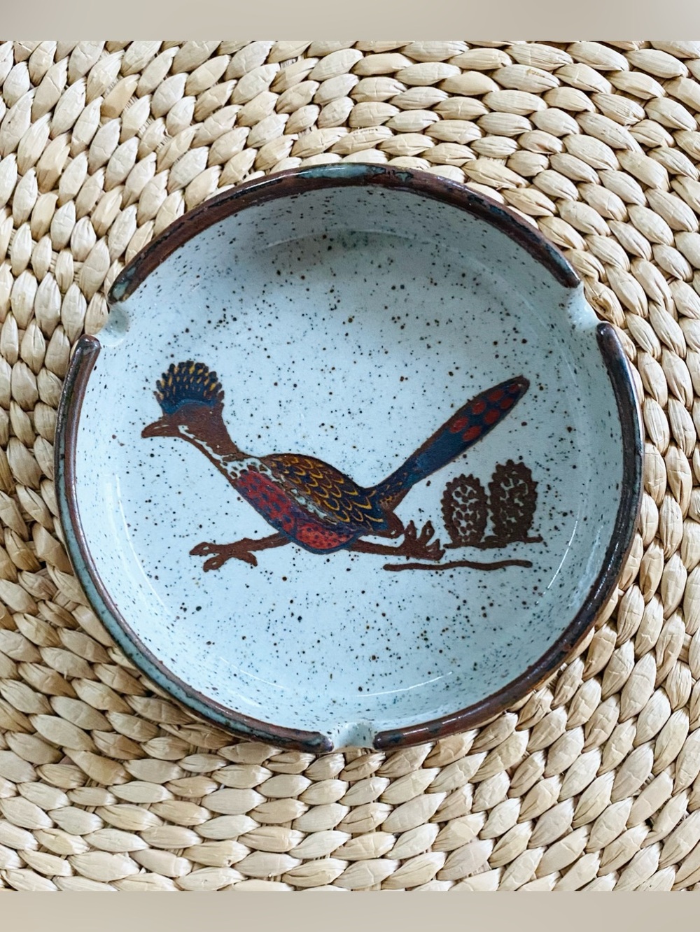 VTG Otagiri Stoneware Roadrunner Ashtray Speckled Mid Century 5”